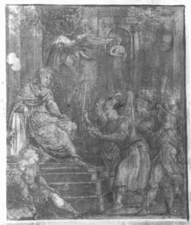 Tarquinio Prisco riceve gli Etruschi che gli presentano le insegne regali/ incoronazione di Tarquinio Prisco (dipinto) di Campagnola Domenico (sec. XVI)