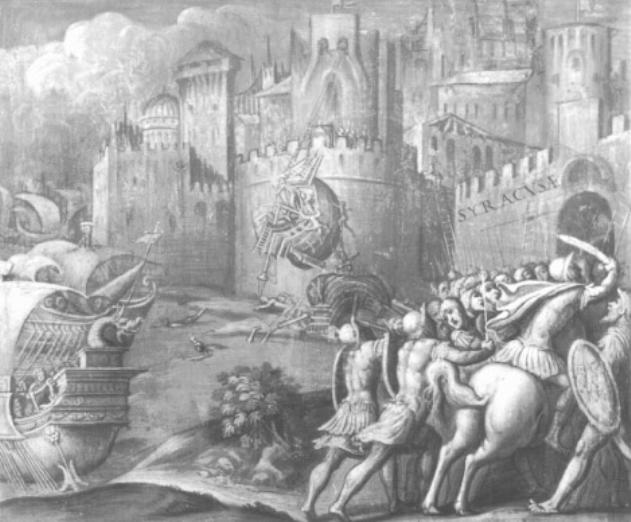 assedio di Siracusa (dipinto) di Campagnola Domenico (attribuito) (sec. XVI)