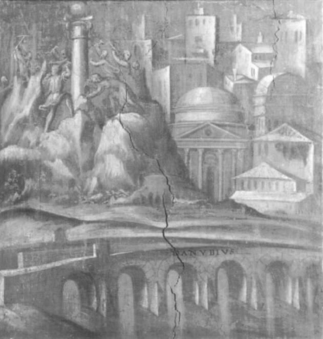 Costruzione del ponte di marmo che unisce le due rive del Danubio (dipinto) di Stefano Dall'arzere (sec. XVI)