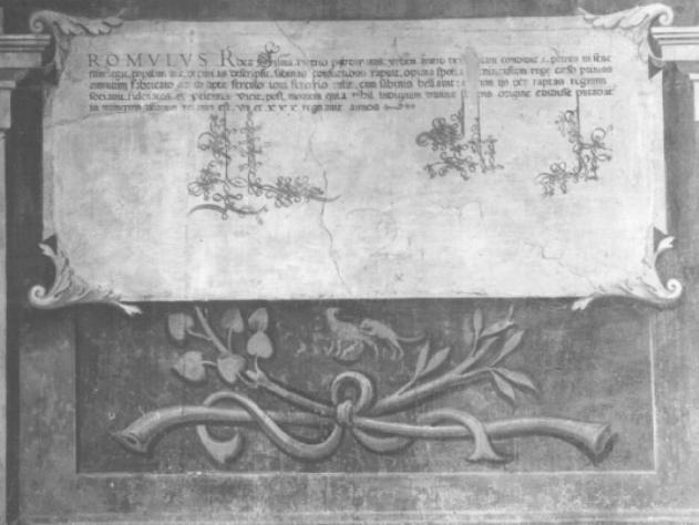 cartiglio/ motivo decorativo a intreccio con rami vegetali (dipinto) di Pociviani Francesco detto Mauro (sec. XVI)