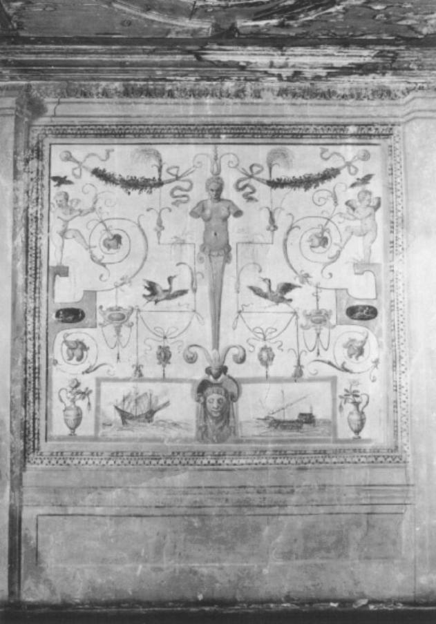 motivi decorativi a grottesche/ velieri (dipinto) - ambito veneto (sec. XVII)