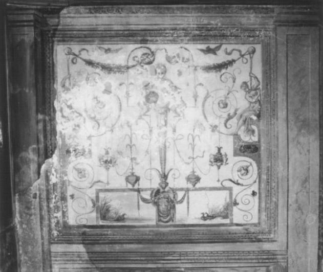 motivi decorativi a grottesche/ paesaggio lacustre (dipinto) - ambito veneto (sec. XVII)