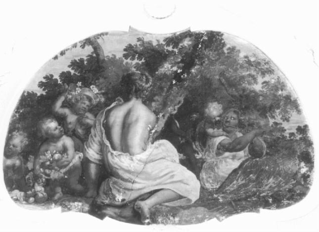 scena campestre con figura femminile tra putti e suonatrice (dipinto) - ambito veneto (sec. XVIII)