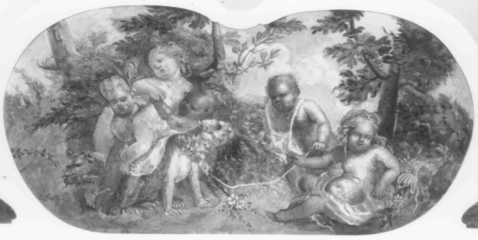 scena campestre con putti che giocano con leonci- ni (dipinto) - ambito veneto (sec. XVIII)