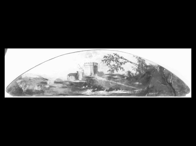 paesaggio con torre merlata e casetta (dipinto) - ambito veneto (sec. XVIII)