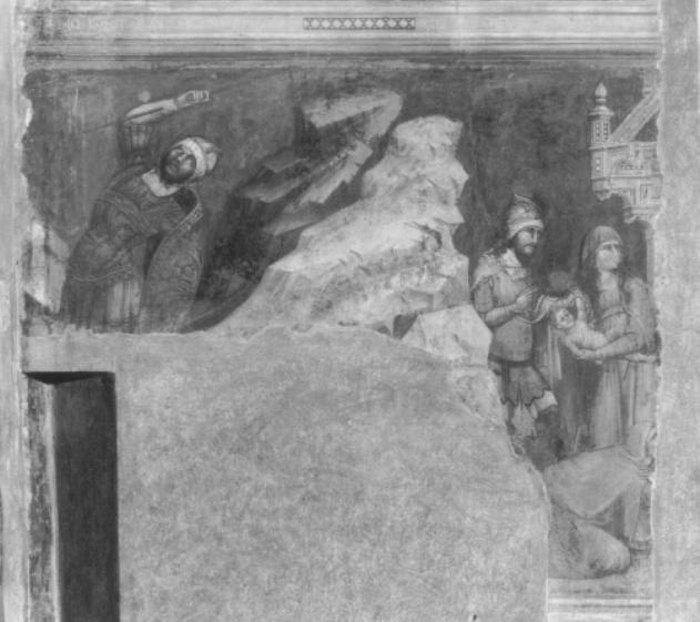 Joachebed e il figlio Mosè fermati da una guardia del faraone (dipinto) di Guariento di Arpo (sec. XIV)