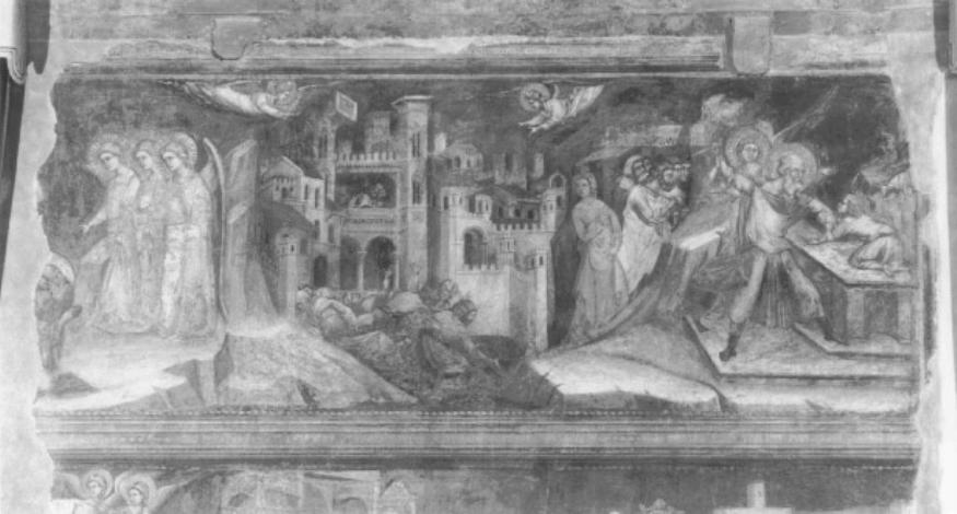Abramo si prostra davanti agli angeli/ Distruzione di Sodoma/ Lot e la fam iglia in fuga da Sodoma/ Sacrificio di Isacco (dipinto) di Guariento di Arpo (sec. XIV)