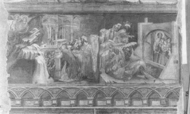 Elia sale al cielo sul carro di fuoco/ Sidrac, Misac e Abdenego rifiutano di adorare l'idolo/ tre giovani ebrei nella fornace ardente (dipinto) di Guariento di Arpo (sec. XIV)