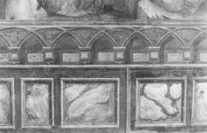 motivo decorativo a finte mensolette con archi in- trecciati su riquadri a finto marmo (dipinto) di Guariento di Arpo (e aiuti) (sec. XIV)