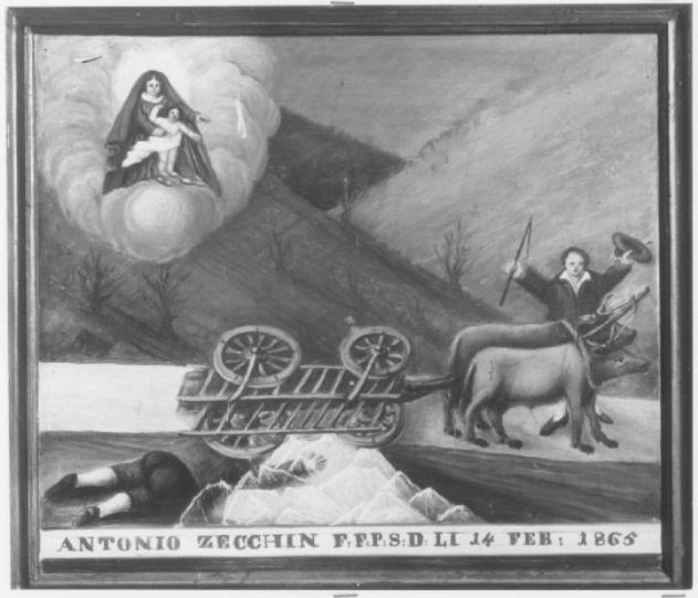 Madonna con Bambino, fedele caduto nel lago da carro trainato da buoi (ex voto) - ambito veneto (sec. XIX)