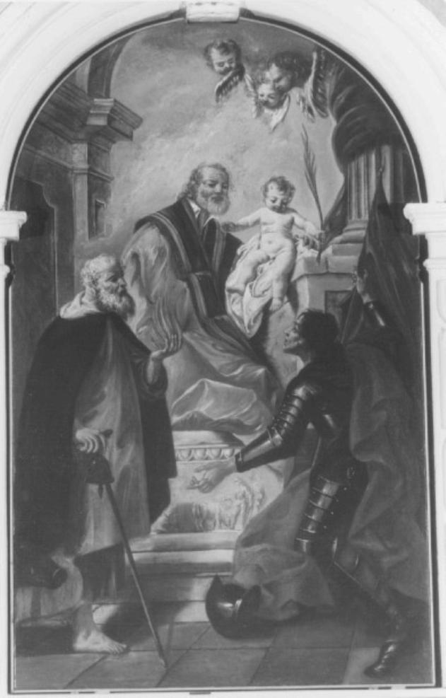 San Giuseppe con Bambino; Sant'Antonio Abate; San Fl/ scena della vita di San Floriano (dipinto) di Dall'Oglio Egidio (sec. XVIII)
