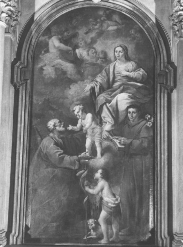 Madonna, Bimbo, Santi Giovannino, Giuseppe e Antonio da Padova (dipinto) di Ferrari Luca Detto Luca Da Reggio (sec. XVII)