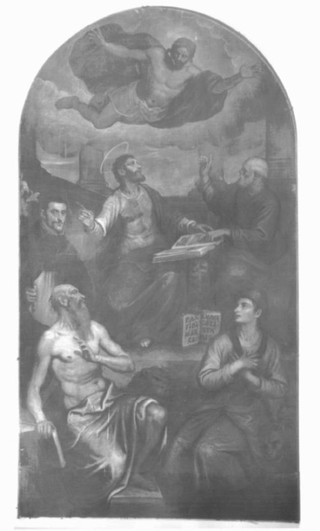 Dio Padre con quattro santi (dipinto) di Robusti Domenico Detto Tintoretto (attribuito) (sec. XVII)