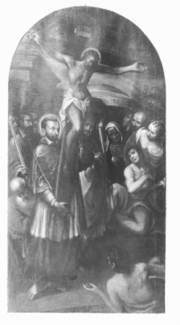 San Carlo Borromeo in processione in tempo di pe- ste sorregge un crocifisso (dipinto) di Bissoni Giovan Battista (sec. XVII)