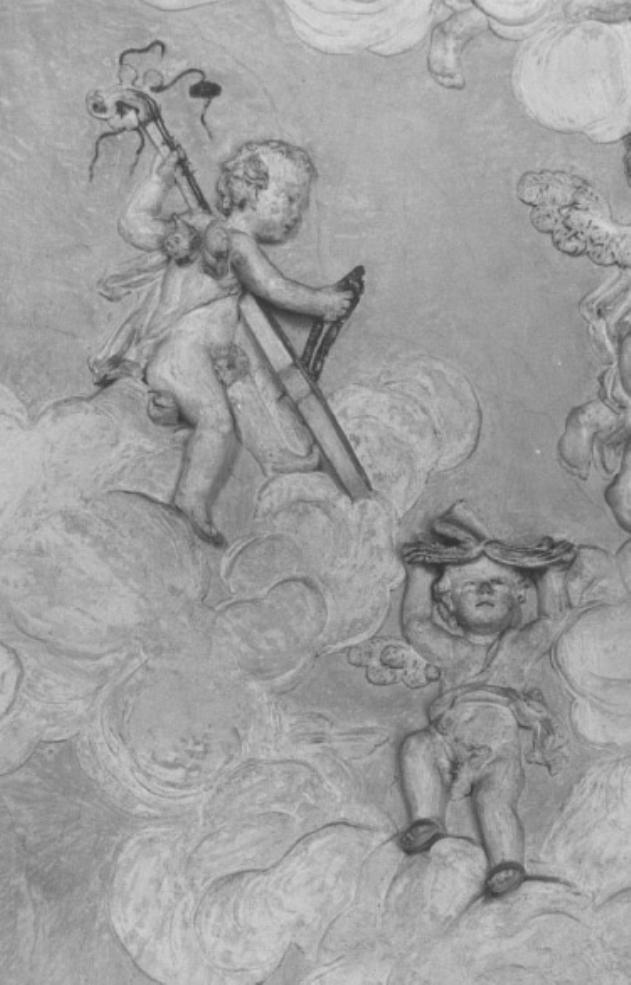 angioletto con viola da gamba/ angioletto con libro (decorazione plastica) di Parodi Filippo (maniera) (fine/inizio secc. XVII/ XVIII)