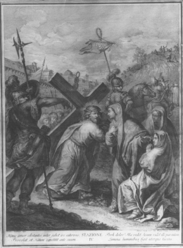 IV stazione: Gesù incontra la Madre Santissima (dipinto, serie) di Fontebasso Francesco, Baratti Antonio (sec. XVIII)