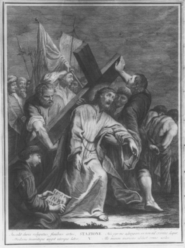 stazione V: Gesù aiutato dal Cireneo a portare la croce (dipinto, serie) di Angeli Giuseppe (attribuito), De Colle Pellegrino (attribuito) (sec. XVIII)