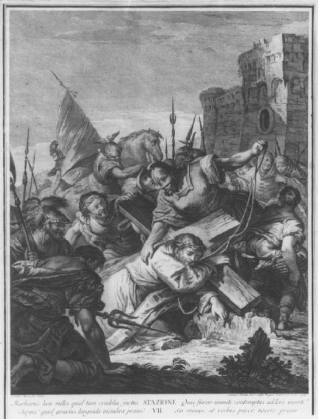stazione VII: Gesù cade sotto la croce la seconda volta (dipinto) di Marieschi Jacopo detto Jacopo di Paolo (attribuito), Baratti Antonio (attribuito) (sec. XVIII)