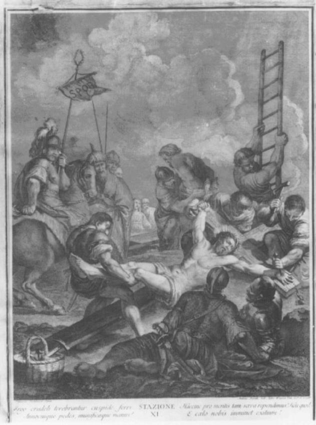 stazione XI: Gesù inchiodato alla croce (dipinto) di Fontebasso Francesco (attribuito), Baratti Antonio (attribuito) (sec. XVIII)
