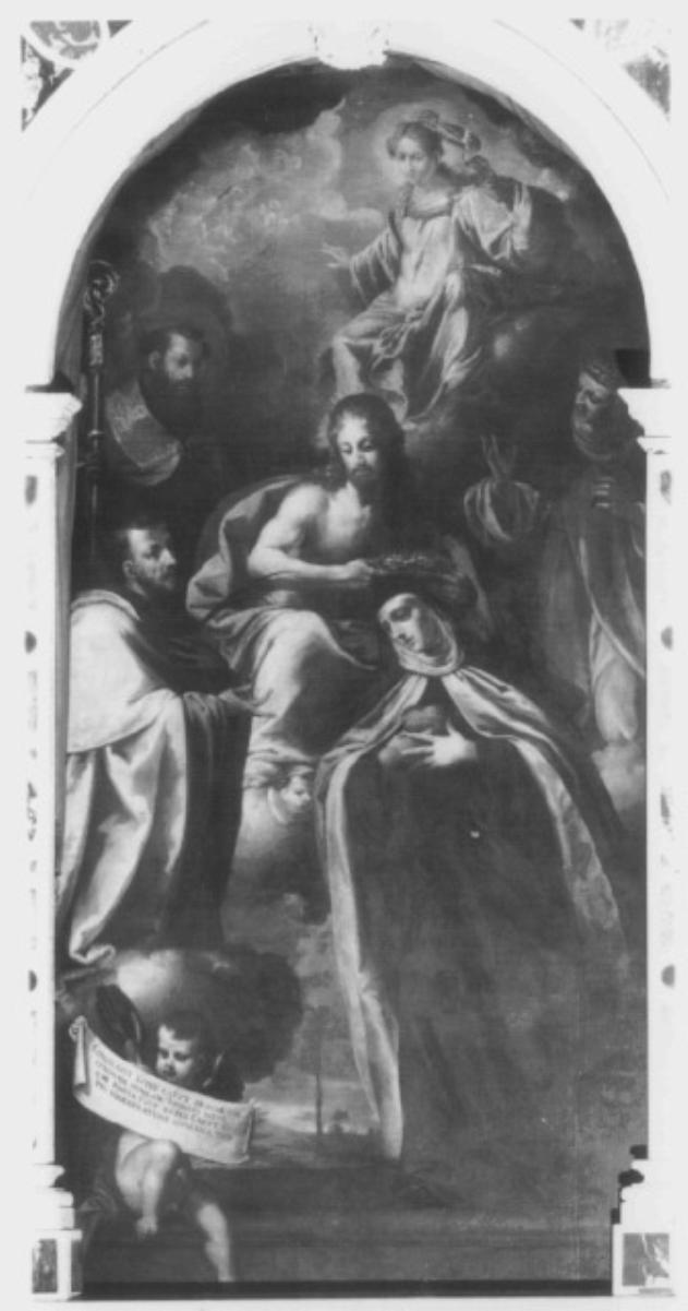 Cristo incorona Santa Maria Maddalena Dè Pazzi. Ai lati i santi Andrea Corsini vescovo, Francesco da Siena e Caterina. In alto la Madonna (dipinto) di Cirello Giulio - ambito padovano (sec. XVII)