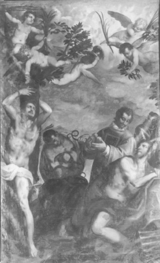 martirio di San Sebastiano, santo Stefano, San Lorenzo, San Giorgio e santo (dipinto) di Vassillacchi Antonio Detto Aliense - ambito veneto (primo quarto sec. XVII)