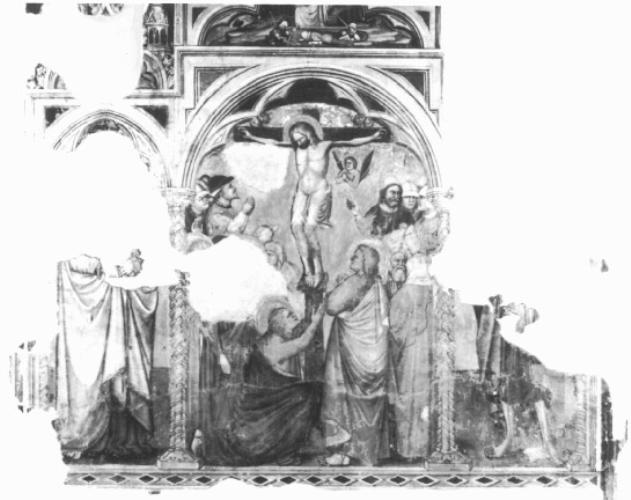 Cristo crocifisso tra San Giovanni Battista e santo (dipinto) di Altichiero (scuola) (sec. XIV)