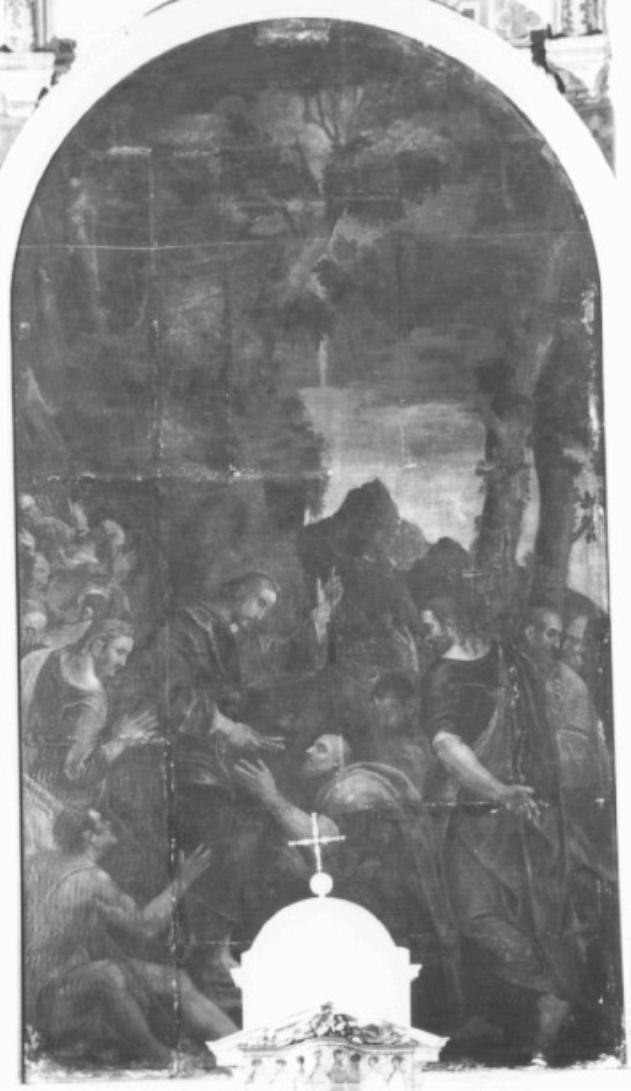 La consegna delle chiavi (Gesù Cristo consegna le chiavi a San Pietro) (dipinto) di Campagnola Domenico (attribuito) (seconda metà sec. XVI)