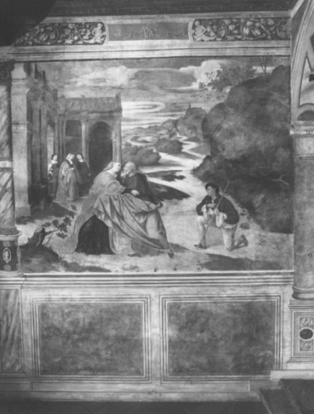 Incontro di Sant'Anna e San Gioacchino alla porta aurea/ Paesaggio/ Architetture (dipinto) di Campagnola Domenico - ambito padovano (sec. XVI)