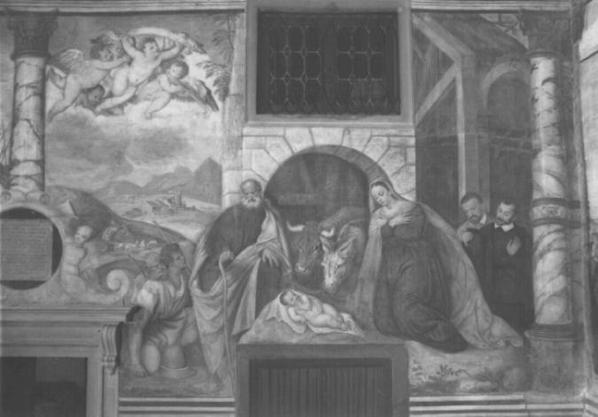 adorazione dei pastori con committenti/ Paesaggio (dipinto) di Stefano Dall'arzere - ambito padovano (sec. XVI)