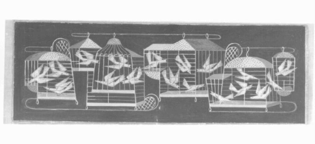 Uccellini in gabbia (dipinto) di Pendini Fulvio (sec. XX)