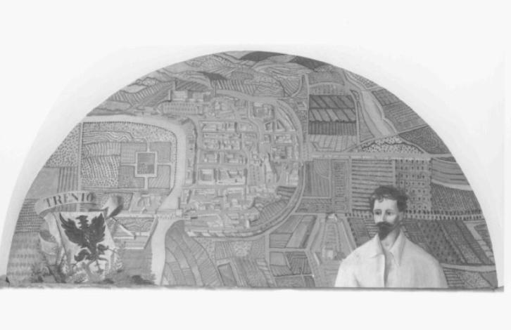 Pianta prospettica di Trento/ ritratto di Cesare Battisti (dipinto) di Fornasetti Pietro (sec. XX)