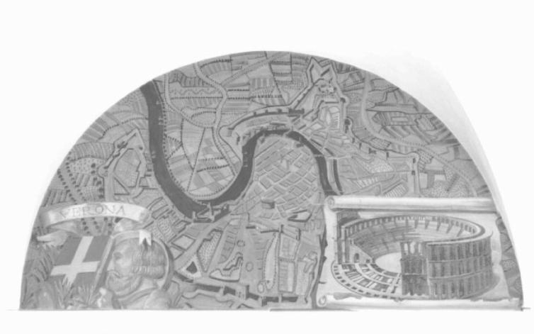 Pianta di Verona/ ritratto virile (Vitruvio ?)/ arena (dipinto) di Fornasetti Pietro (sec. XX)