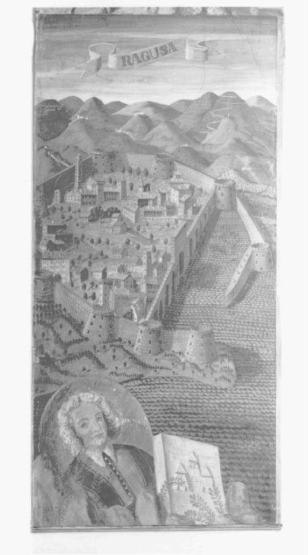 veduta di Ragusa/ ritratto virile (dipinto) di Fornasetti Pietro (sec. XX)