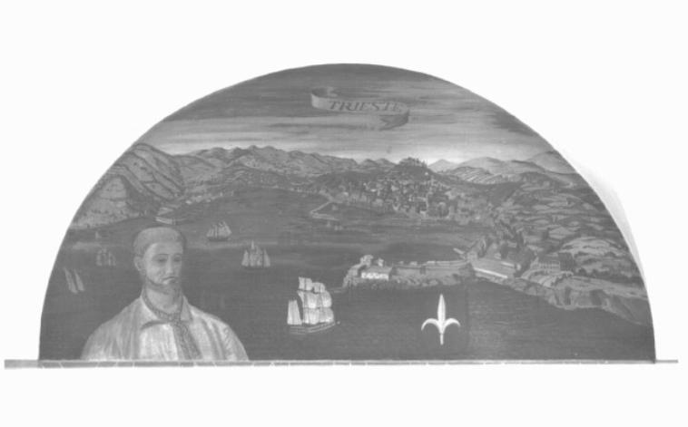 veduta di Trieste/ ritratto di Guglielmo Oberdan (dipinto) di Fornasetti Pietro (sec. XX)
