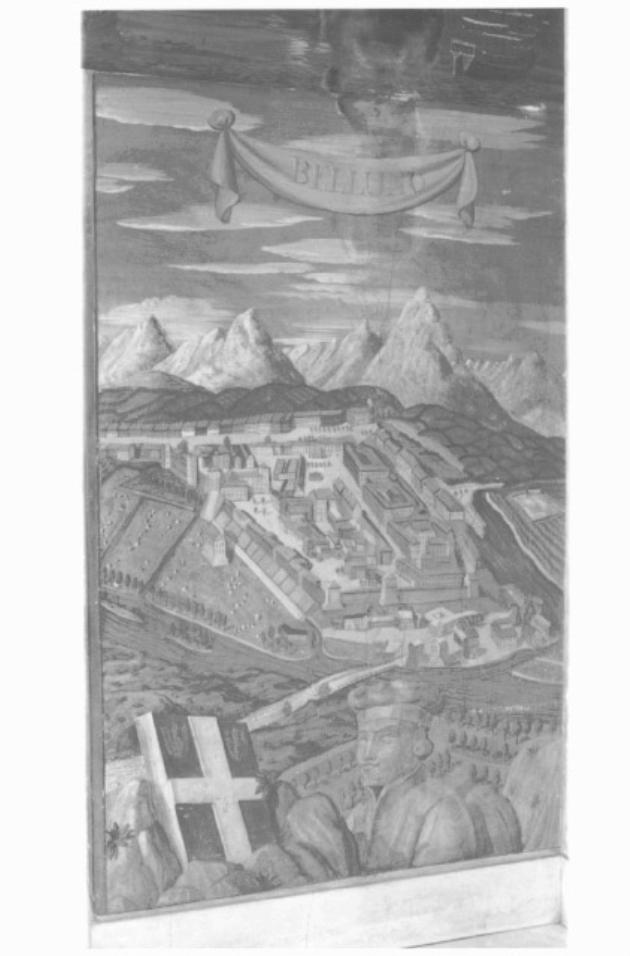 Pianta prospettica di Belluno/ Ritratto virile (dipinto) di Fornasetti Pietro (sec. XX)