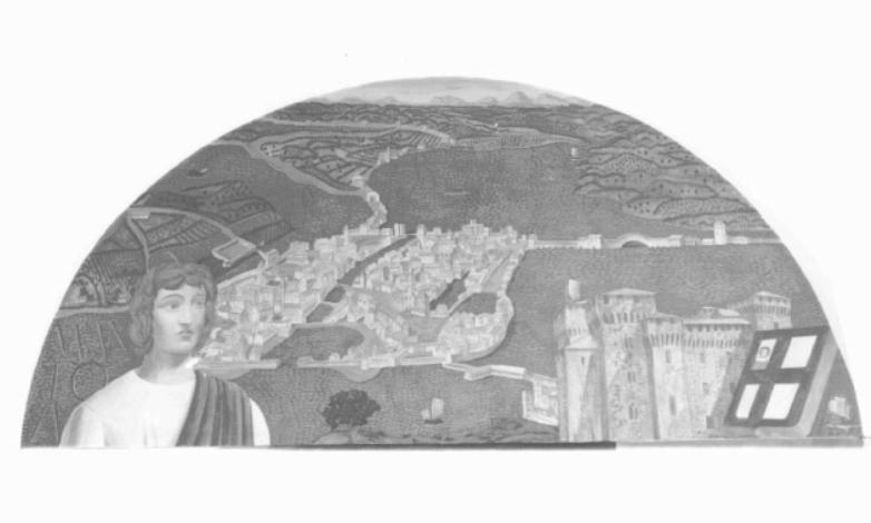 veduta di Mantova/ Palazzo Ducale/ ritratto di Virgilio (dipinto) di Fornasetti Pietro (sec. XX)