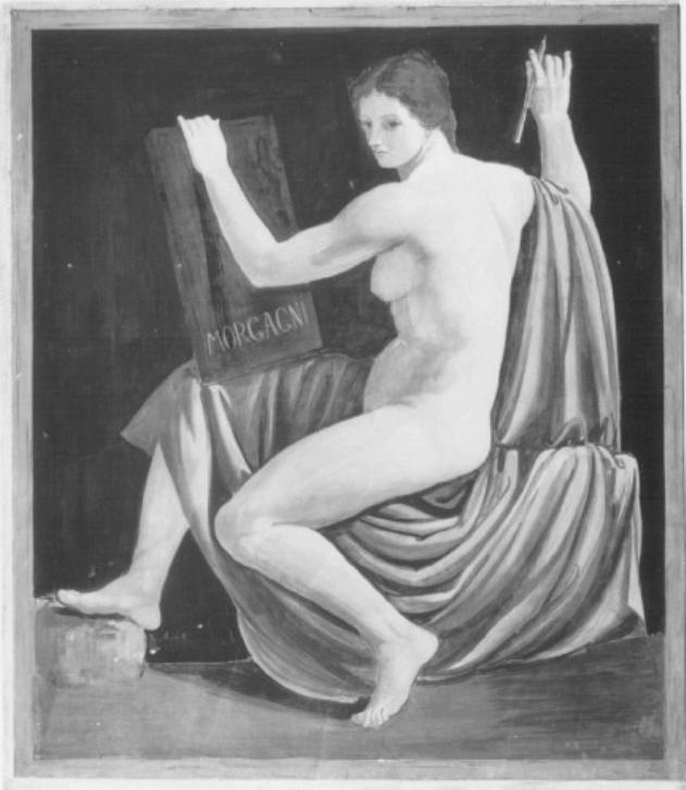 allegoria della Fama che scrive il nome di Morgagni sul libro della gloria (dipinto) di Funi Achille (sec. XX)