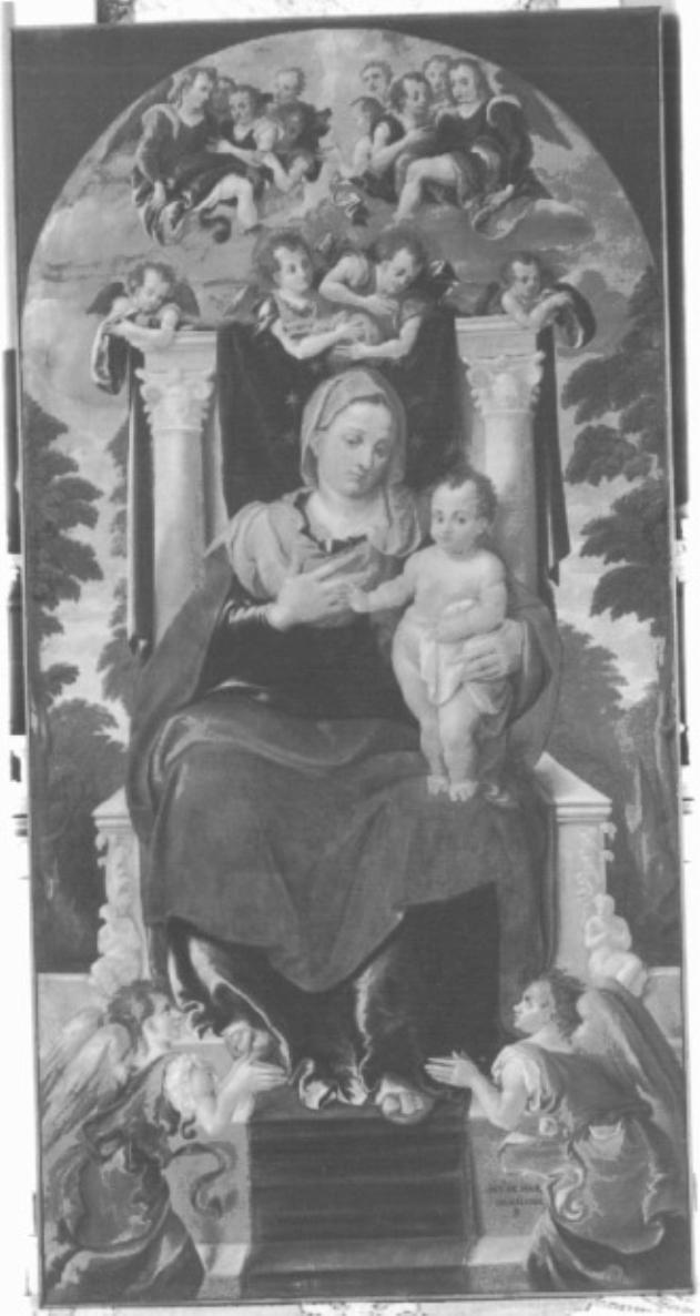 Madonna con Bambino in trono tra angeli (dipinto) di Marescalchi Pietro Detto Spada - ambito feltrino (sec. XVI)