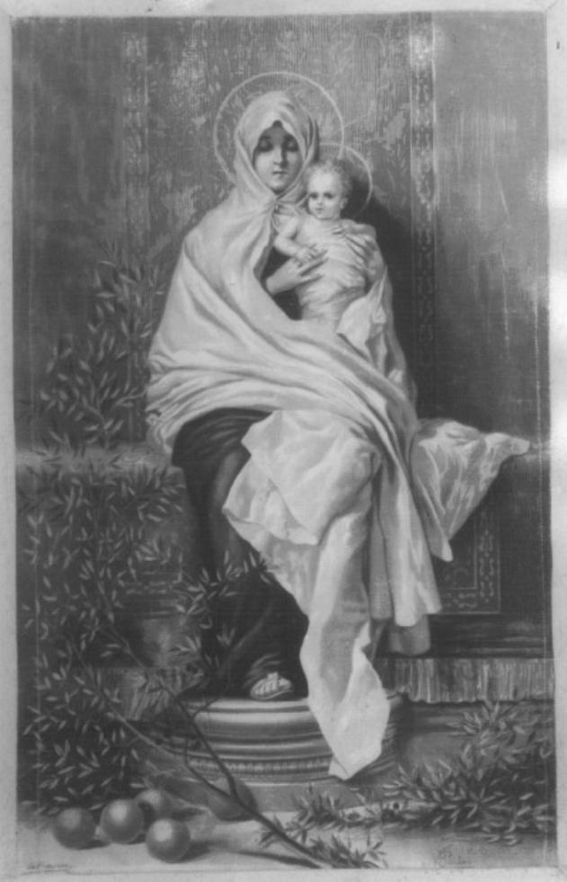 Madonna con Bambino in trono (stampa a colori) - ambito italiano (primo quarto sec. XX)