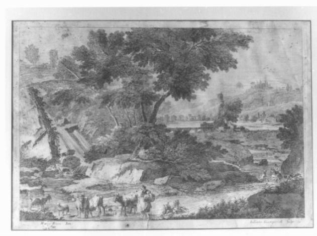 paesaggio con cascata e animali che si abbeverano (stampa) - ambito veneto (sec. XVIII)