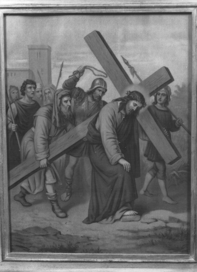 stazione V: Gesù aiutato dal Cireneo a portare la croce (stampa a colori) - ambito veneto (sec. XX)