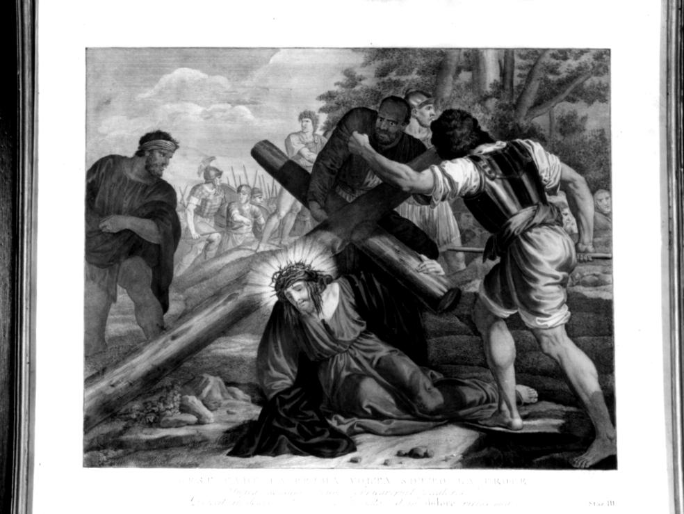 stazione III: Gesù cade sotto la croce la prima volta (stampa a colori) - ambito veneto (sec. XIX)