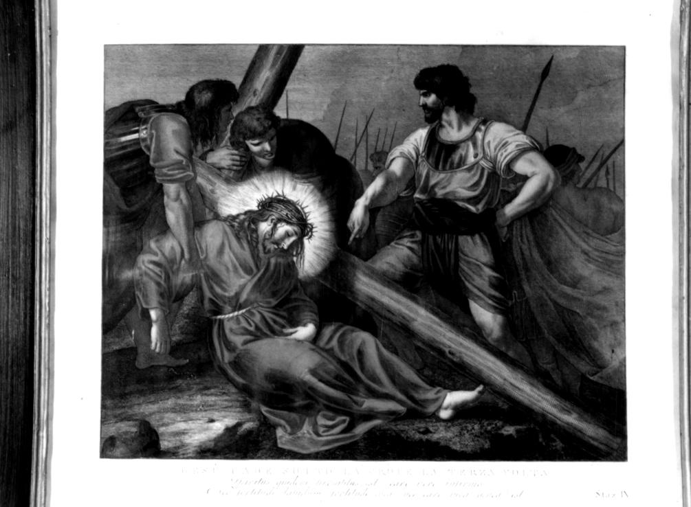 stazione IX: Gesù cade sotto la croce la terza volta (stampa a colori) - ambito veneto (sec. XIX)
