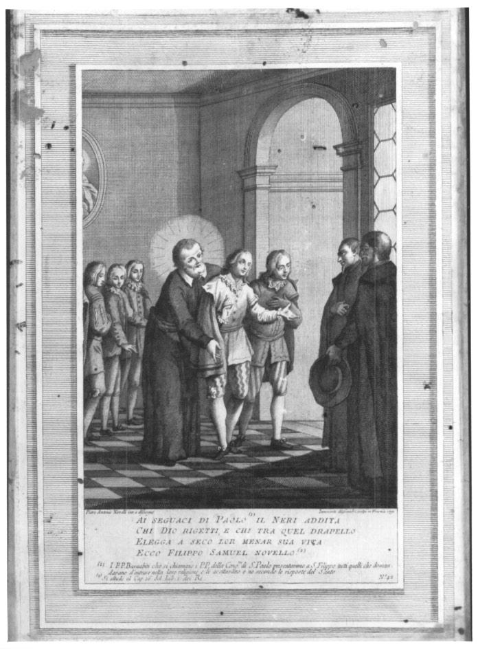 San Filippo Neri giudica coloro che devono entrare nella congregazio ne di San Paolo (stampa) - ambito veneto (sec. XVIII)