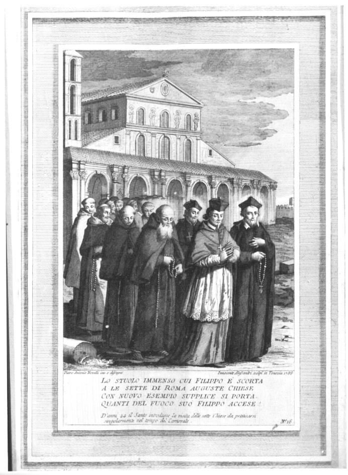 San Filippo Neri visita le sette chiese di Roma (stampa) - ambito veneto (sec. XVIII)