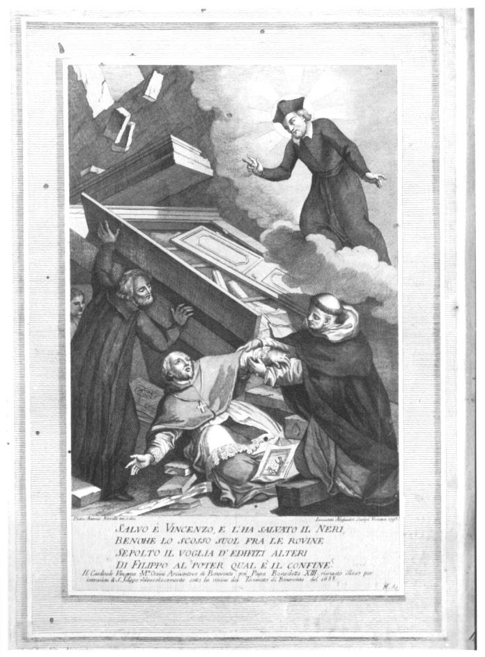 San Filippo Neri salva il Cardinale Vincenzo Saria Orsini dal terrem oto (stampa) - ambito veneto (sec. XVIII)