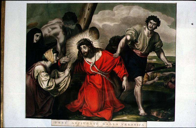 stazioni della via Crucis (stampa colorata a mano, serie) di Cecchi Giovanni Battista (attribuito), Battistelli Luigi (attribuito) (sec. XIX)
