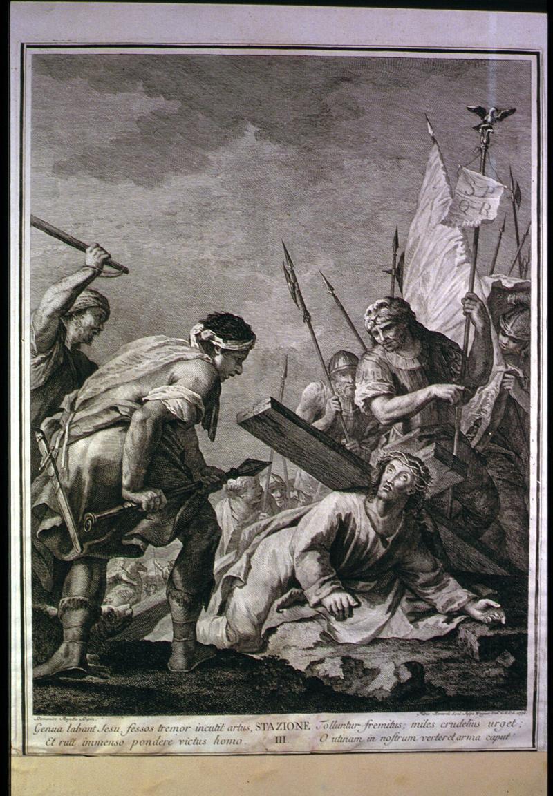 stazione III: Gesù cade sotto la croce la prima volta (Via Crucis, elemento d'insieme) di Berardi Fabio, Fedeli Domenico Detto Maggiotto (sec. XVIII)