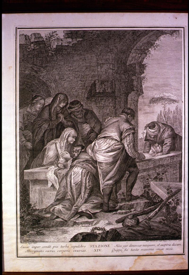 stazione XIV: Gesù deposto nel sepolcro (Via Crucis, elemento d'insieme) di Zugno Francesco, Berardi Fabio (sec. XVIII)