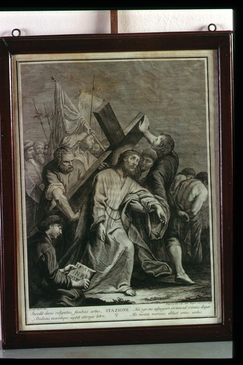 stazione V: Gesù aiutato dal Cireneo a portare la croce (Via Crucis) di Angeli Giuseppe, De Colle Pellegrino (sec. XVIII)